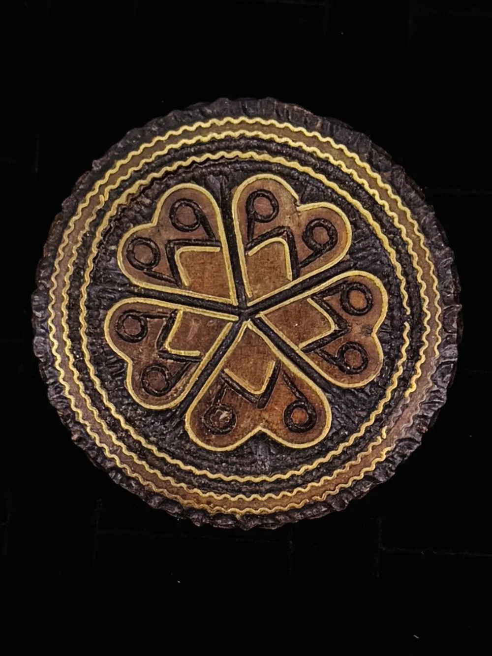 Vintage Round Carved Wood Medallion Brooch Brass Inlay Geometric Folk Art Pin